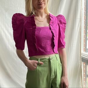 Chocoleite Purple Ruffle Puff Sleeve Crop Top Size S